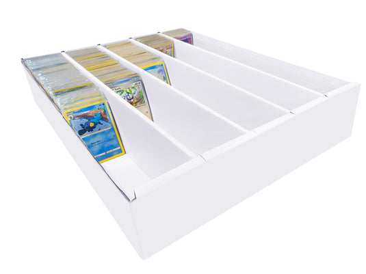 White card holder with compartments filled with trading cards on a white background