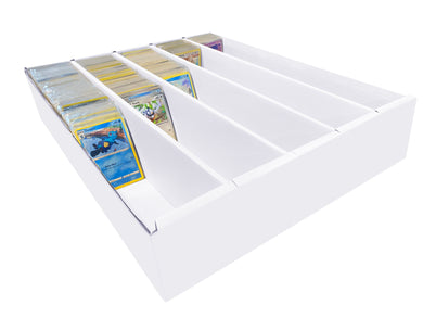 White card holder with compartments filled with trading cards on a white background
