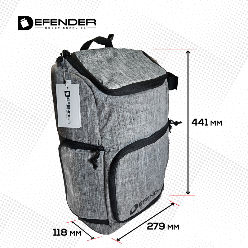 Load image into Gallery viewer, Gray backpack with black straps and measurements on a white background, featuring the Defender brand.
