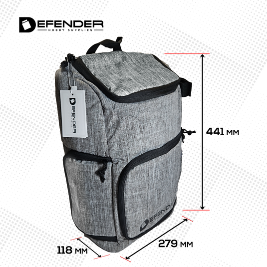 Gray backpack with black straps and measurements on a white background, featuring the Defender brand.
