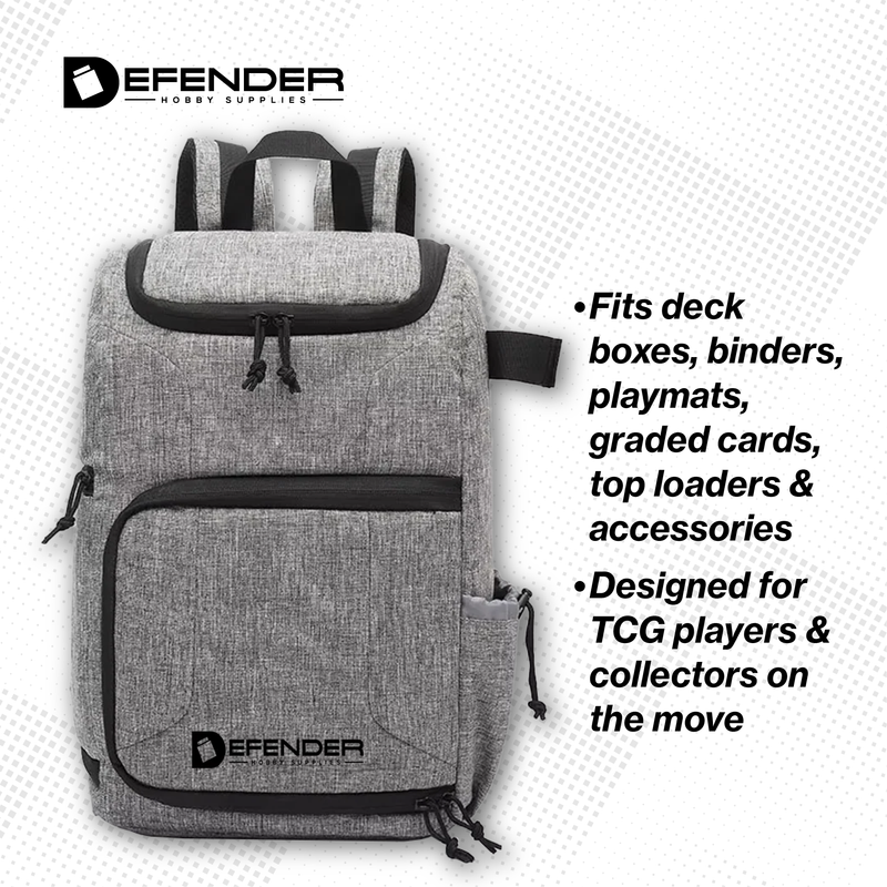 Load image into Gallery viewer, Gray backpack with black accents, featuring the Defender brand, on a light gray background.
