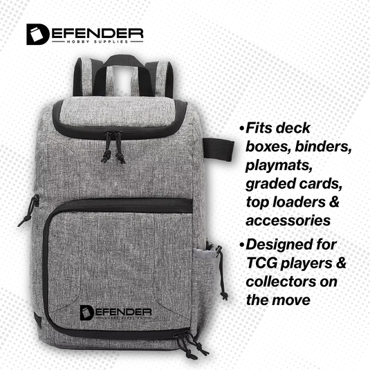 Gray backpack with black accents, featuring the Defender brand, on a light gray background.